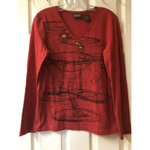 Chico’s  Additions Women’s Sz 0 Red Cotton Long Sleeved Top W/ Martini Graphic